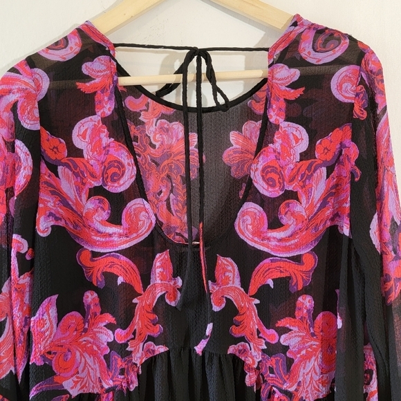 Free People Printed Symphony Smock Dress Sz S/P Black Red Floral Sheer Bohemian - Picture 10 of 12
